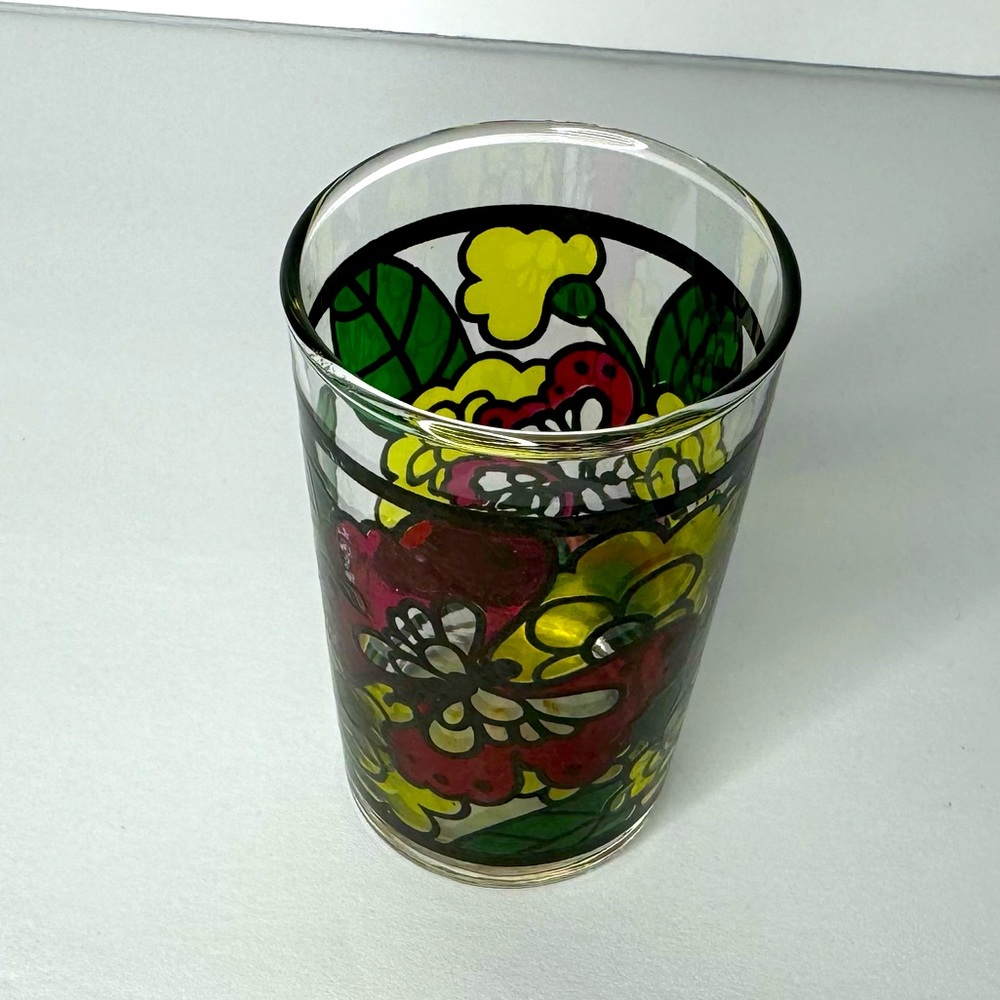 Vintage Stained Glass Design Shot Juice Glass Butterfly &‎ Flowers Votive Holder
